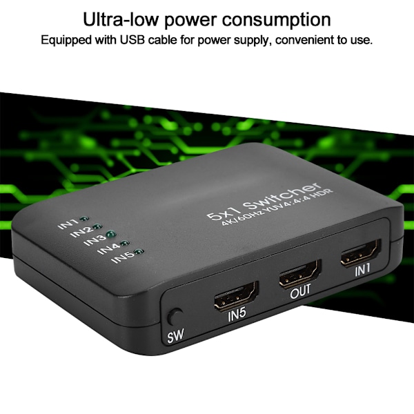 4K HDMI 2.0 Switch 5 Ingångar 1 Utgång HD IR Fjärrkontroll Splitter Adapter med LED-Indikator Svart