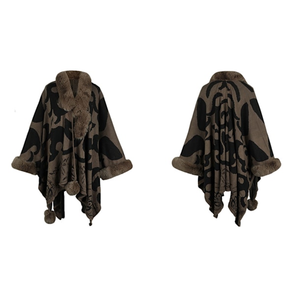 Dam Poncho Cape V-ringning Långärmad Päls Krage Varm Kontrastfärg Omlott Cape för Höst Vinter Kaffe Fri Storlek