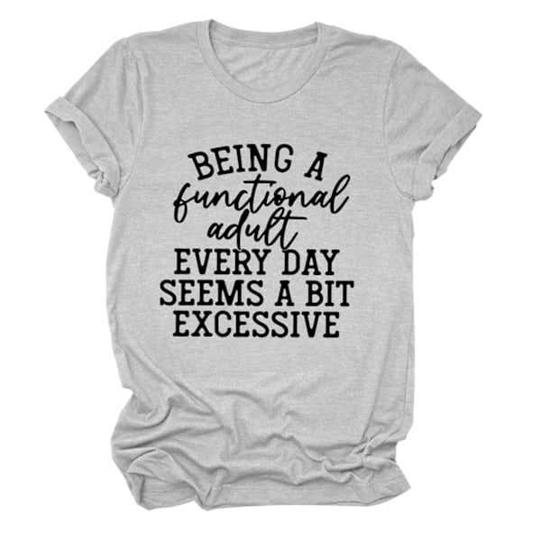Dam Kortärmad Topp Bokstavstryck Stretchig Rundhalsad Ledig Lös T-shirt för Sommar Ljusgrå Svart Bokstav XL