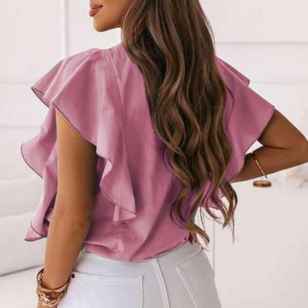 Dam Ruffle Kort Ärm Topp Lös Ledig Elegant Enfärgad Rundhalsad Skjorta Blus för Kontorsarbete Rosa M