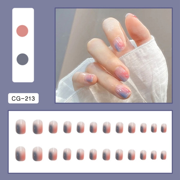 Glänsande rosa blå falska naglar korta fyrkantiga Tryck på naglar blå