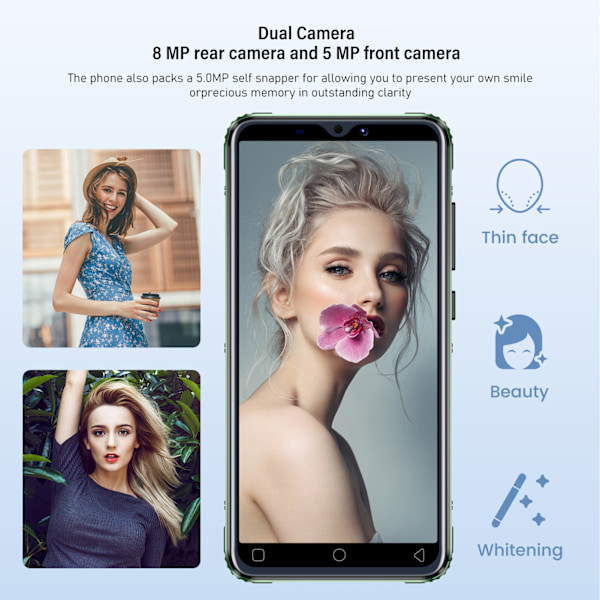 5.0in Olåst Robust Telefon för Android 10 4GB 32GB Stöd 2.4G WIFI Ansiktsupplåsning FHD Lång Batteritid 3G Smartphone 100‑240V Grön EU-kontakt