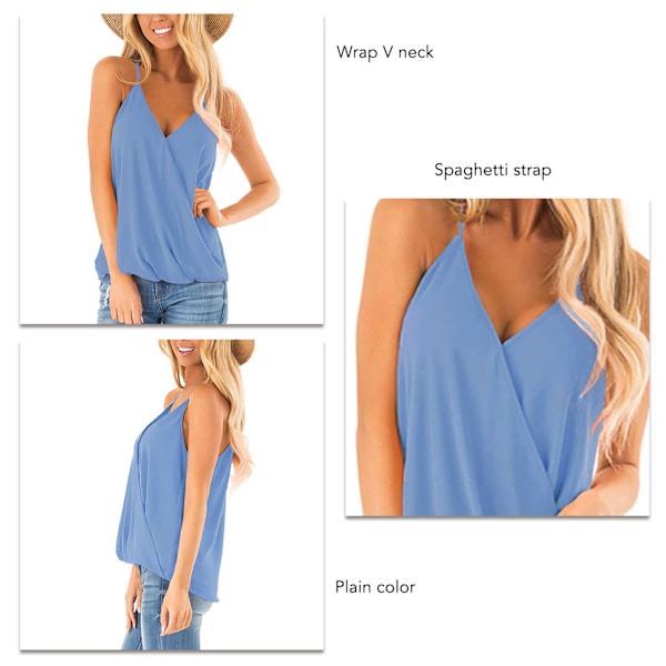 Omlott V-ringad Camisole Dam Sommar Elegant Enfärgad Spaghettiband Linne Ärmlös Skjorta för Kontor Blå XL