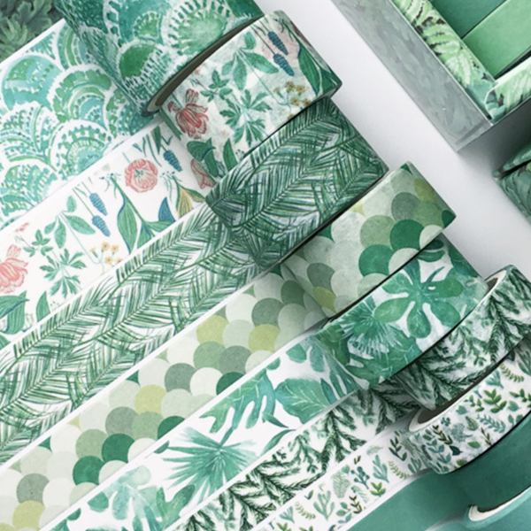 12 rullar Washi-tejp set, söta gröna växter blommor djur,