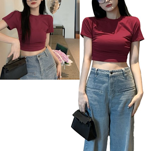 Dam Kortärmad Tröja Åtsittande Rund Hals Mode Sommar Slim Fit Topp för Vardag Arbete Röd Fri Storlek