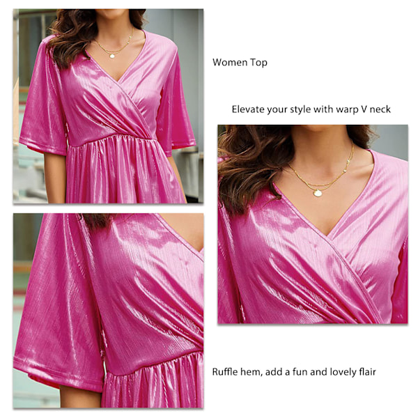 Dam Kortärmad Topp Volangfåll Pullover Topp Omlott V-ringad Metallisk Skjorta Elastisk Midja Blus Rosa M