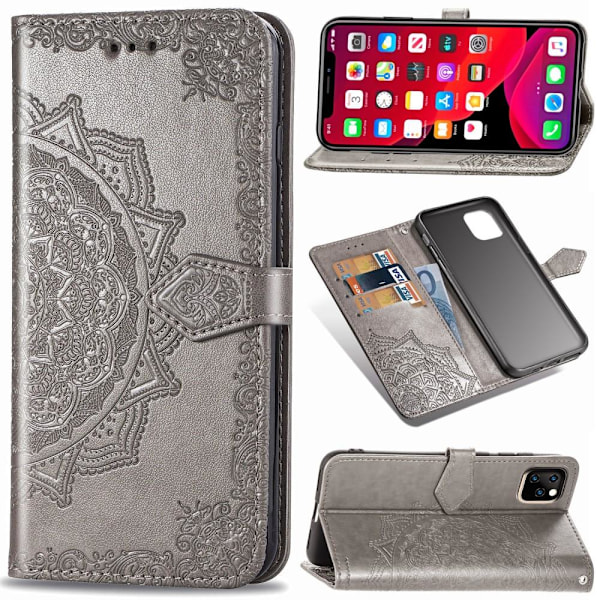 iPhone 11 Pro Max - Mandala Läder Fodral - Grå Grey Grå