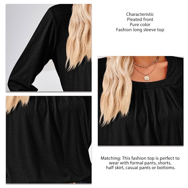 Dam Plisserad Långärmad Blus Enfärgad Lös Passform Elegant Casual Tunika Svart XXL