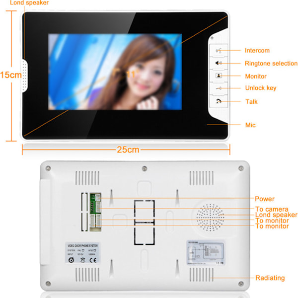 7-tums Video Intercom System Mörkerseende LCD Handsfree Video Dörrtelefon Dörrklocka med Kameramonitor 100‑240V EU-kontakt