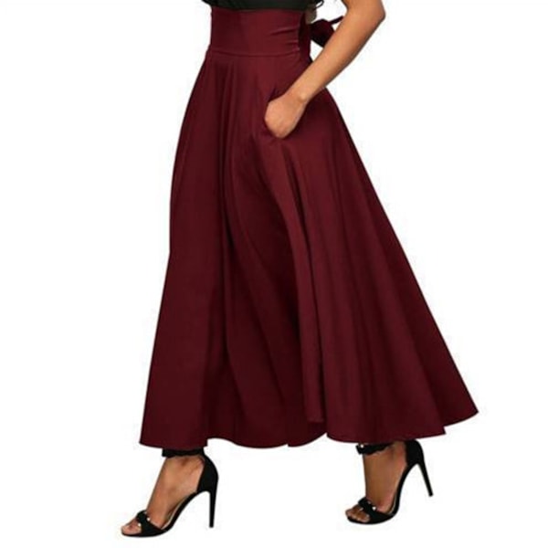 Maxikjol för damer, enfärgad med rosettbälte, fashionabel och elegant, för dejter och utomhusbruk, vinröd M