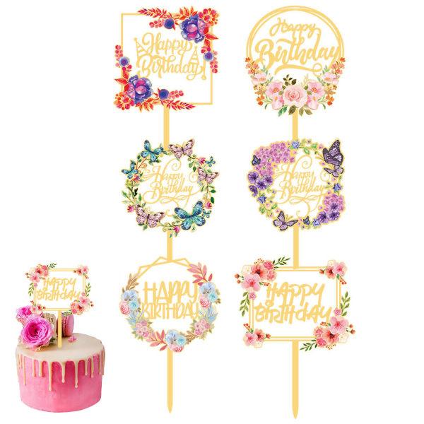 6 st. Happy Birthday Cake Toppers Guld Blomma Akryl Tårta