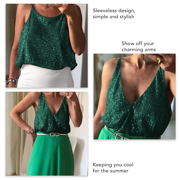 Dam Camisole Topp Paljetter V-ringning Rund Hals Framsida Baksida Bekväm Ärmlös Camisole Topp Grön S