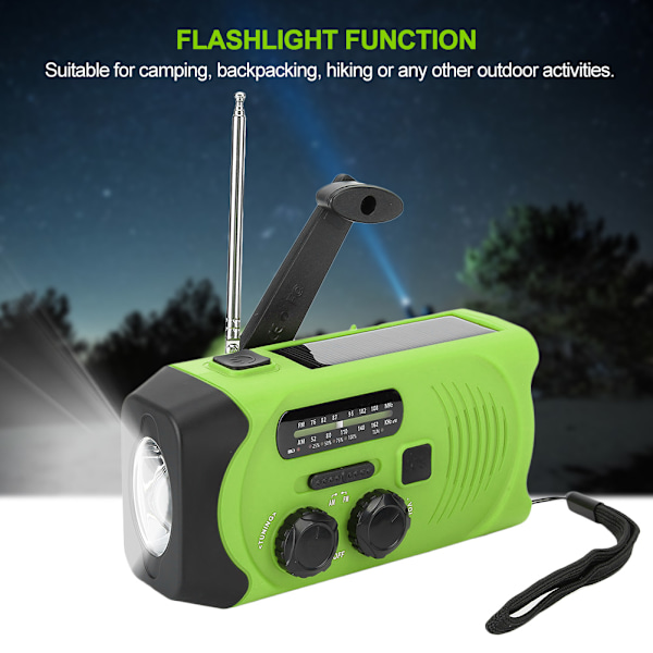 Handvevad FM Nödradiogrön Solcellsdriven Multifunktionell LED-ficklampa SOS-larm EU-frekvens