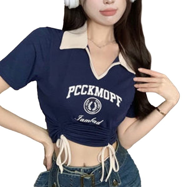 Dam Dragsko Rynkad Topp V-ringning Nedfälld Krage Bokstavstryckt Elegant Sommar T-shirt Blå L
