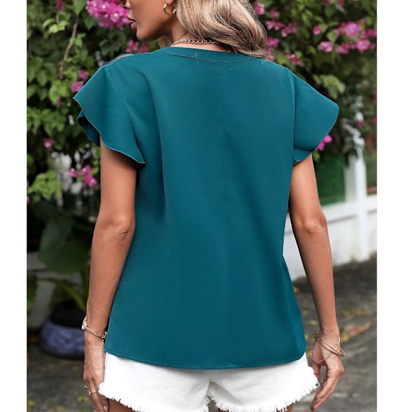 Dam Topp Kort Fladdrande Ärm Topp V-ringad Spets Blus Sommar Enfärgad Blus Grön XL