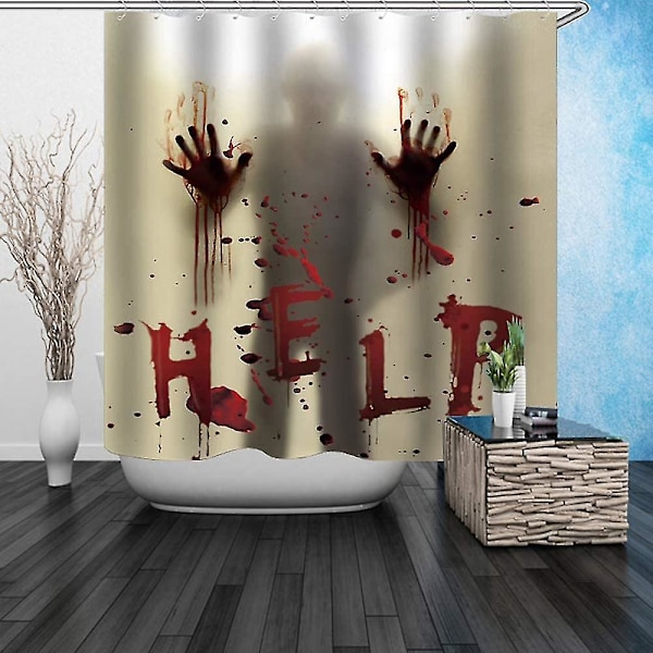 Blodig duschdraperi, halloweendekoration skräck blodiga handavtryck, halloweendekoration duschdraperi foder gardiner hjälp mig（90x180cm）