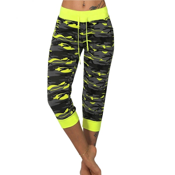 Dam Casual Cropped Byxor Kamouflage Tryck Dragsko Mellanhög Midja Bekväma Trousers för Sport Semester Gul XL