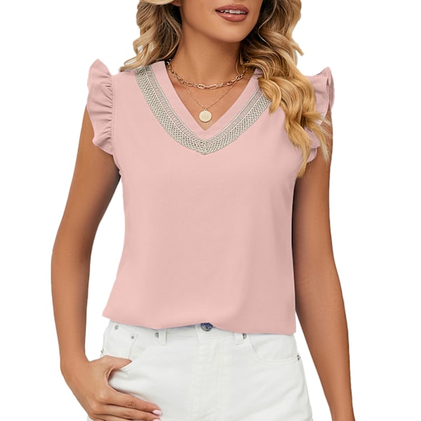 Dam Lace V-ringad Chiffongblus Volang Kortärmad Sommarskjorta Toppar för Arbete Dejting Shopping Helger Hemma Rosa L