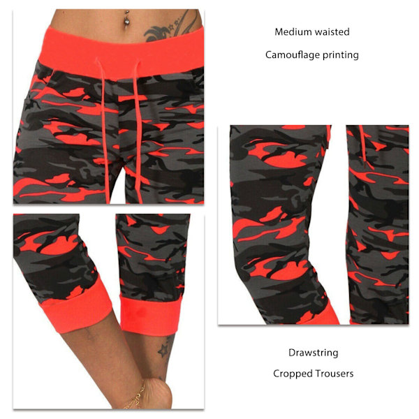 Dam Casual Cropped Byxor Kamouflage Tryck Dragsko Mellanhög Midja Bekväma Trousers för Sport Semester Röd S