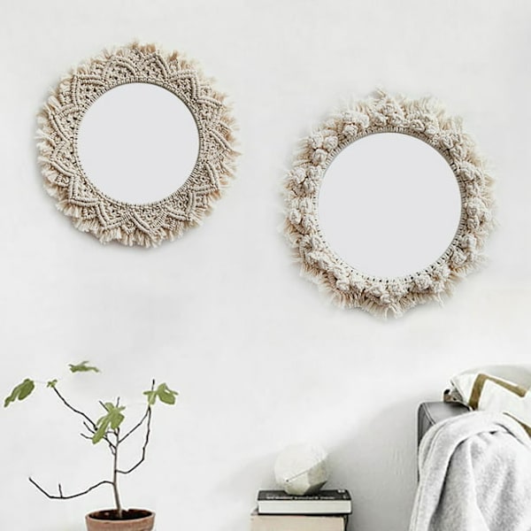 Hängande väggspegel med Macrame frans Rund spegelkonst Boho