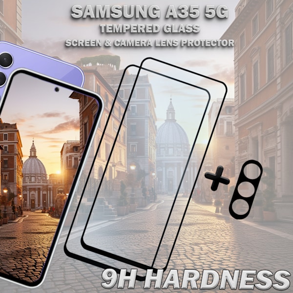 2-Pack SAMSUNG A35 5G Skärmskydd & 1-Pack linsskydd - Härdat Glas 9H - Super kvalitet 3D