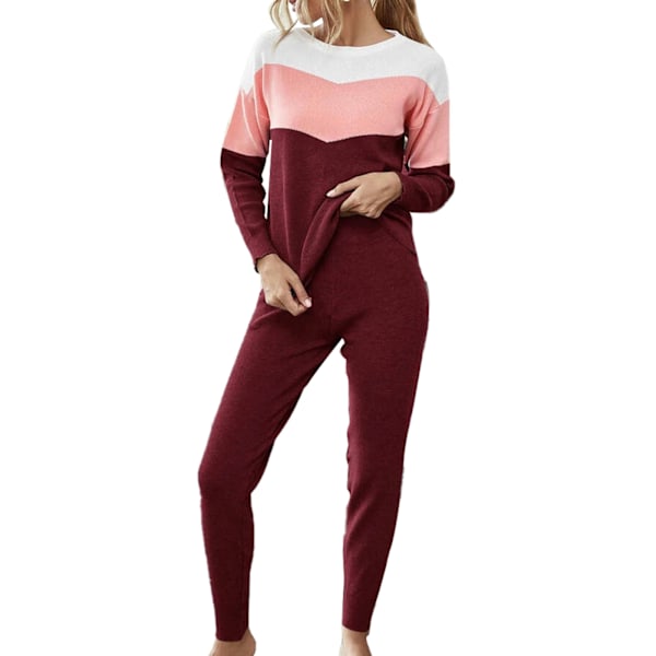 Rundhalsad Topp Byxor Loungewear 2 Delar Kontrastfärg Långärmad Midjeband Dam Casual Stickad Sovkläder Röd L