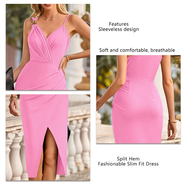 Dam Omlott V-ringad Klänning Delad Fåll Slim Fit O-ring Enfärgad Plisserad Ärmlös Bodycon Klänning Rosa XL