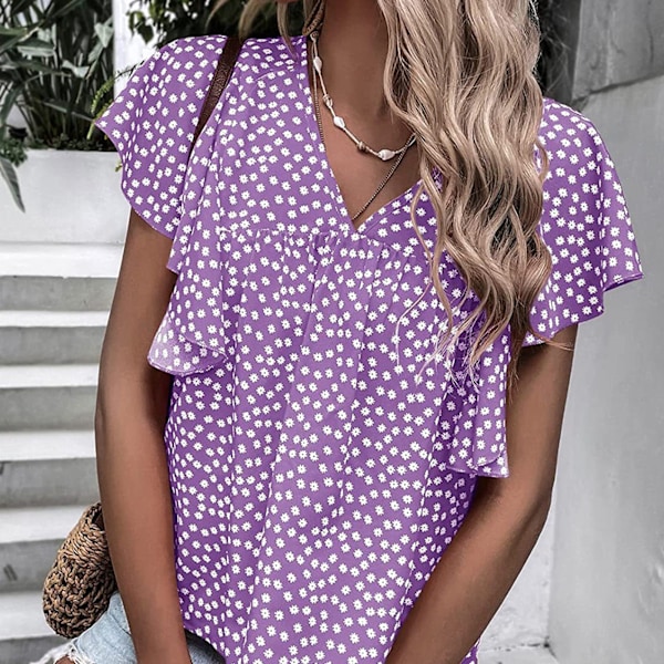 Volang Kortärmad Blus Blommig Tryckt Casual Figursydd V-ringning Volangärm Blus för Kvinnor Sommar Lila S