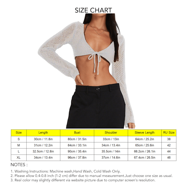 Dam Hål Ut Crop Top Casual Långärmad Knyt Fram Stickad Bolero för Vardagslivet Vit M