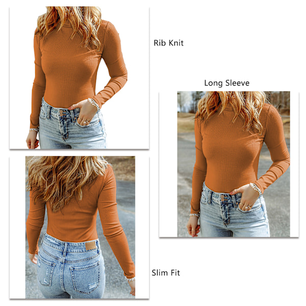 Dam Ribbstickad Slim Fit Topp Långärmad Enfärgad Blus Trendig Bas Tröja Brun XXL