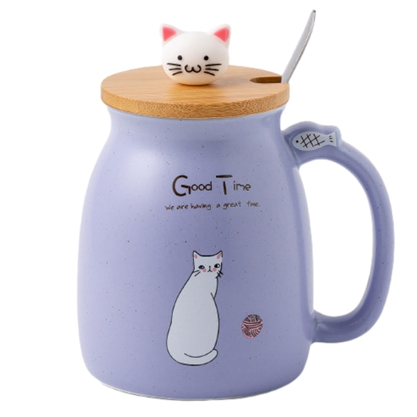 Söt keramisk kaffekopp Söt kattlock med sked Kawaii-underlägg