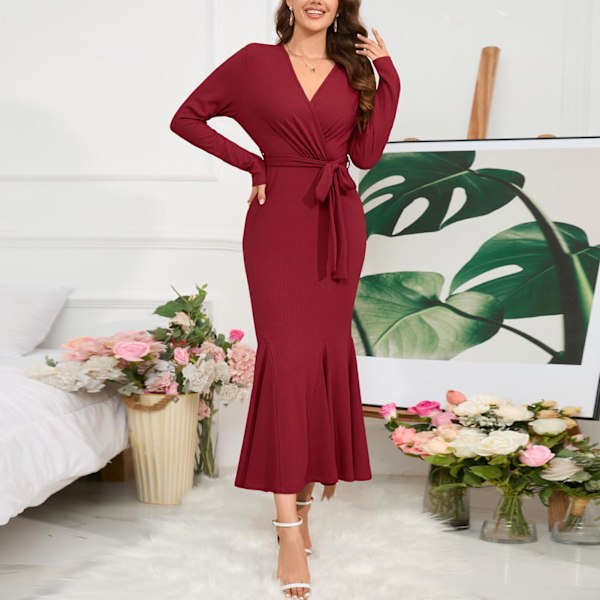 Dam Midje Slimmande Fishtail Klänning Smal Knyt Midja Enfärgad Casual Stickad V-ringad Långärmad Bodycon Fishtail Lång Klänning Röd XL