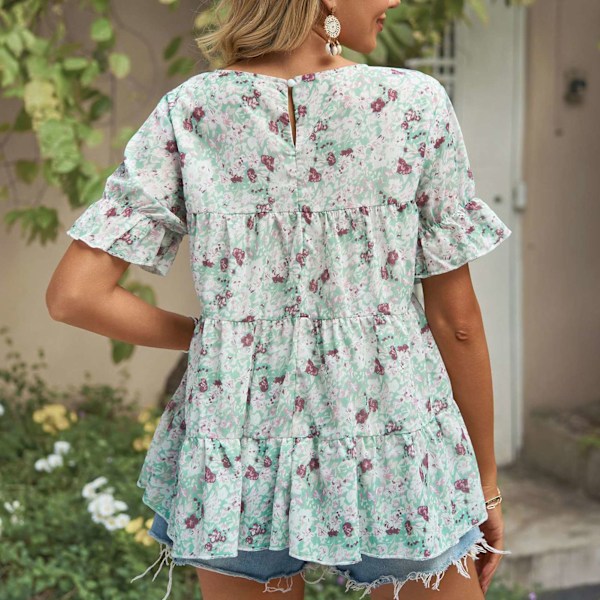 Dam Rundhalsad Topp Blomstertryck Kortärmad Volangfåll Sömmar Sommar Lös T-shirt Ljusgrön S