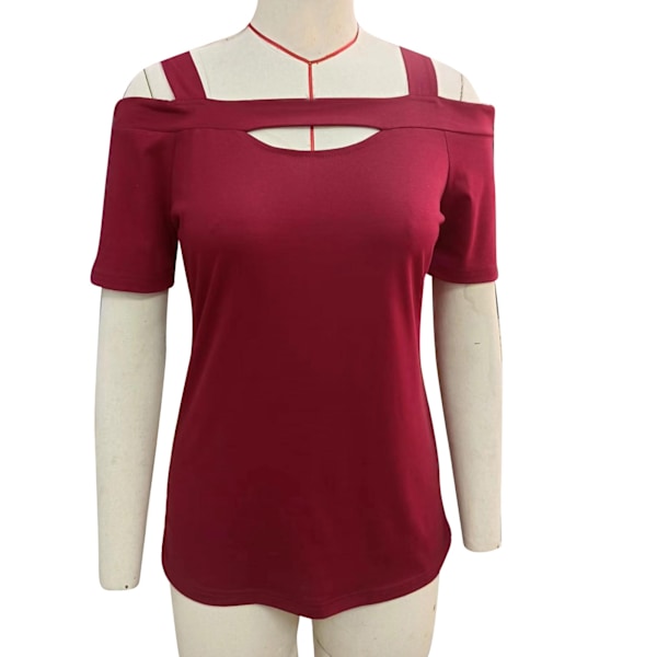Dam Cold Shoulder T-shirt Casual Lös Kortärmad Andningsbar Enfärgad Utskuren Framtopp Vinröd M
