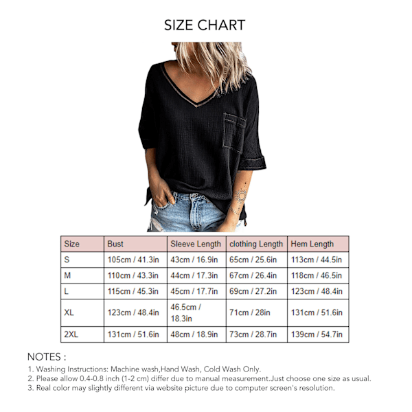 Dam T-shirt Enfärgad Mellanlång Ärm Topp V-ringad Casual Sommar för Hemma Kontor Shopping Utomhusaktiviteter Svart L