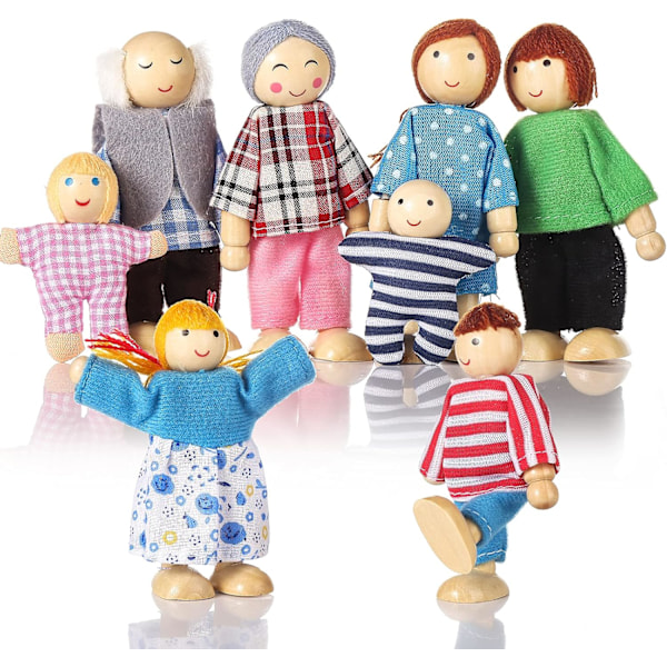 Trähusdocka Människor 8 Figurer, Dockfamilj Set Flickor Småbarn Dockhus Tillbehör Leksaker