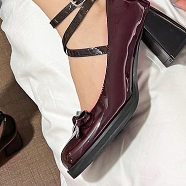 Dam Bow Högklackade Skor Enfärgad Elegant PU Läder Remmar Stängd Tå Ankelrem Pumps Skor Vinröd 39 /34.5cm