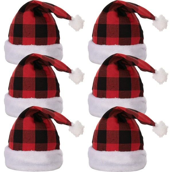 6 Pack Christmas Santa Hat Plaid Santa Hat Luxury Plush Hat for
