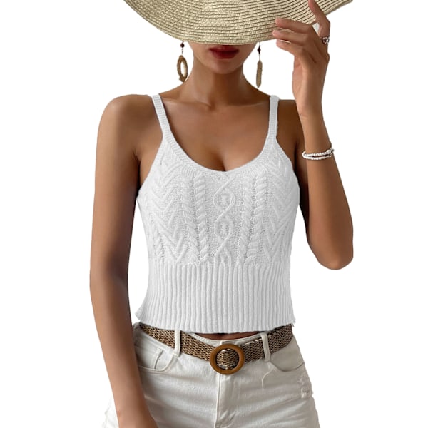 Kabelstickad Tank Top med Rund Hals för Dam, Elegant, Trendig, Enfärgad, Slim Fit, Ärmlös Linne, Vit L