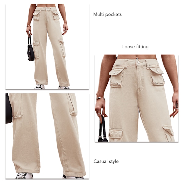 Baggy Byxor Dam Flerfickor Enfärgad Lös Passform Casual Långa Byxor för Vardagsbruk Ljus Khaki XL