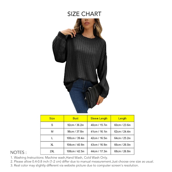 Dam Crewneck Ribbstickad Tröja Höst Vinter Lös Casual Enfärgad Pullover Tröja för Shopping Svart XXL