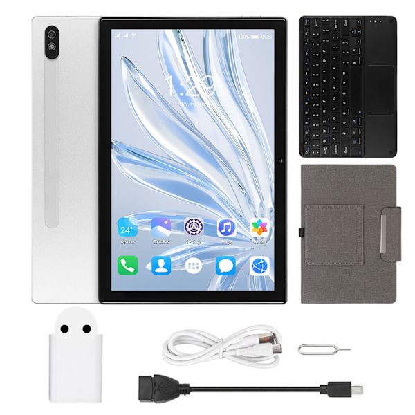 2 i 1 Tablet 10,1 Tum för Android 12 med Tangentbord 8-Kärnig CPU 8GB 256GB 5G WIFI Stöder Snabbladdning Tablet 100‑240V Vit EU-Kontakt