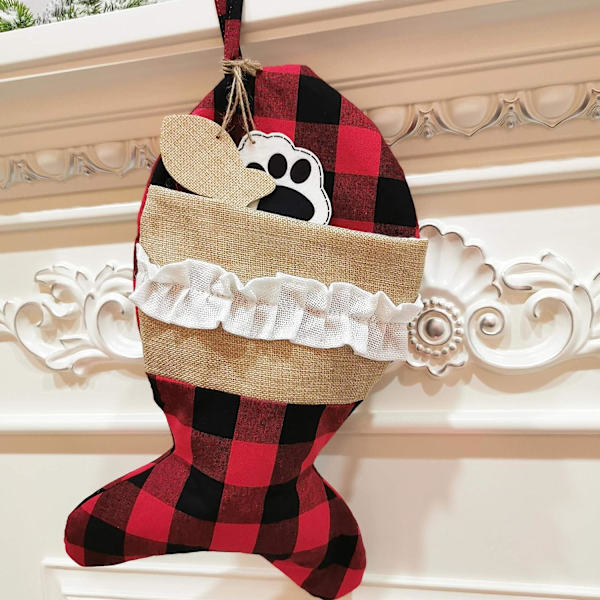 Pet Christmas Stockings Set of 4 Burlap Plaid Stocking for Cat