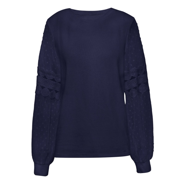 Trendiga blusar för kvinnor ihåliga spetsar långärmade skjortor-marinblå