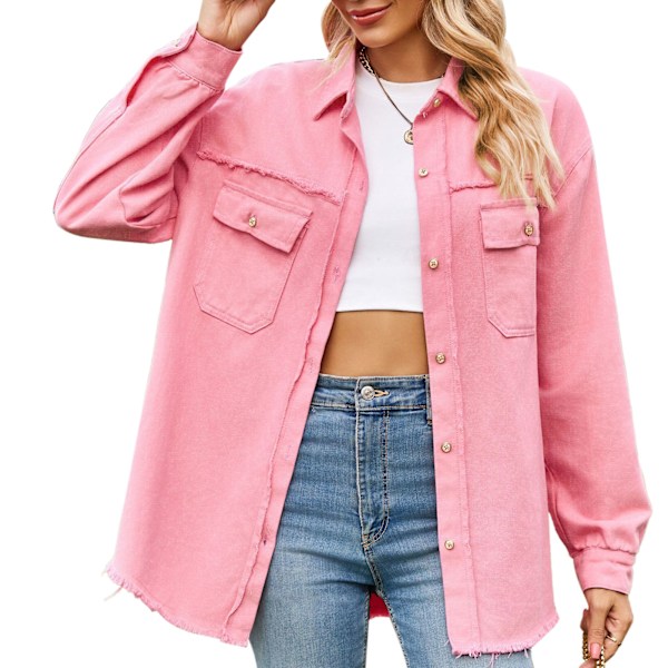 Långärmad Jacka Nedvikt Krage Enkelknäppt Knapp Fransad Fåll Bekväm Hudvänlig Långärmad Kappa för Hemma Dejting Rosrosa XL
