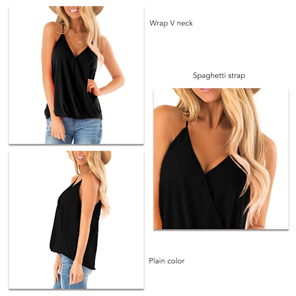 Omlott V-ringad Camisole Dam Sommar Elegant Enfärgad Spaghettiband Linne Ärmlös Skjorta för Kontor Svart M