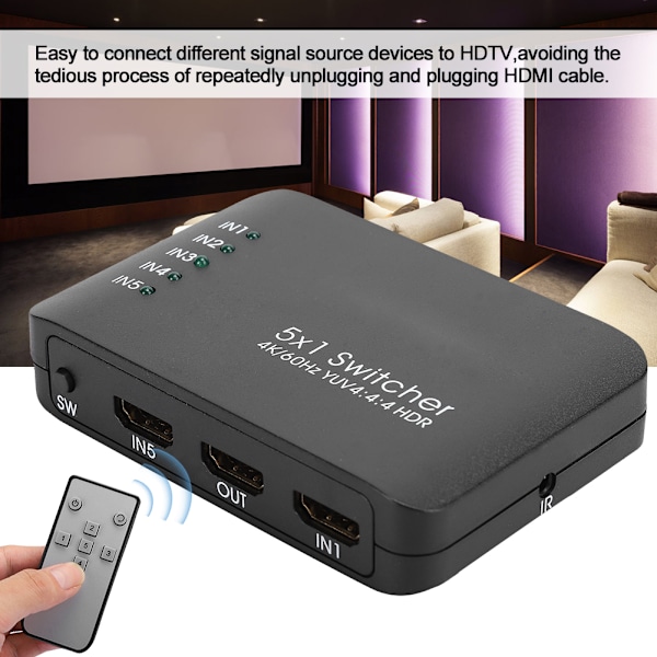 4K HDMI 2.0 Switch 5 Ingångar 1 Utgång HD IR Fjärrkontroll Splitter Adapter med LED-Indikator Svart