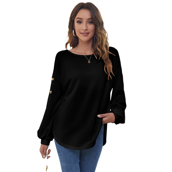 Kvinnor Fall Långärmad Loose Fit Casual Pullover T-Shirts -svart