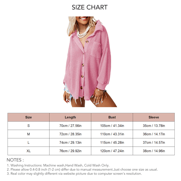 Våffelstickad Skjorta med Knappar Långärmad Fickdesign Båge Oregelbunden Fåll Lös Oversized Shacket Topp för Vår Höst Rosa XL
