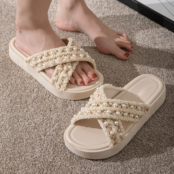 Cross Sommar PVC Tofflor Öppen Tå Lättvikt Mjuk Tjock Sula Slide Tofflor för Kvinnor Utomhus Beige 38-39